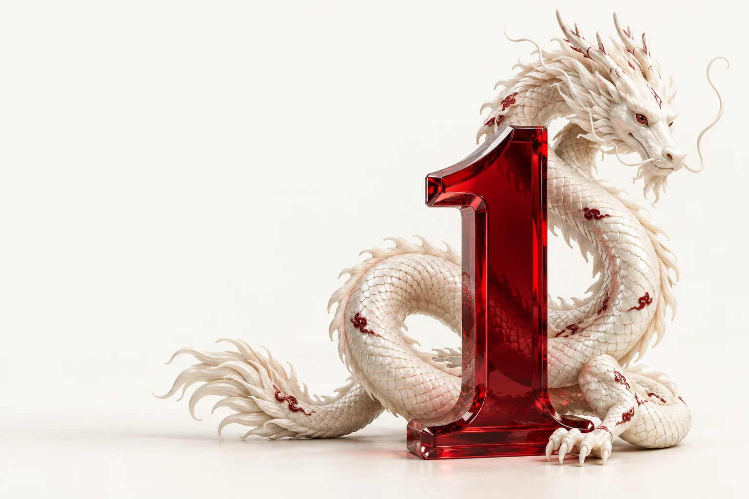 Ivory dragon wrapped around a sculpted vermilion number one.