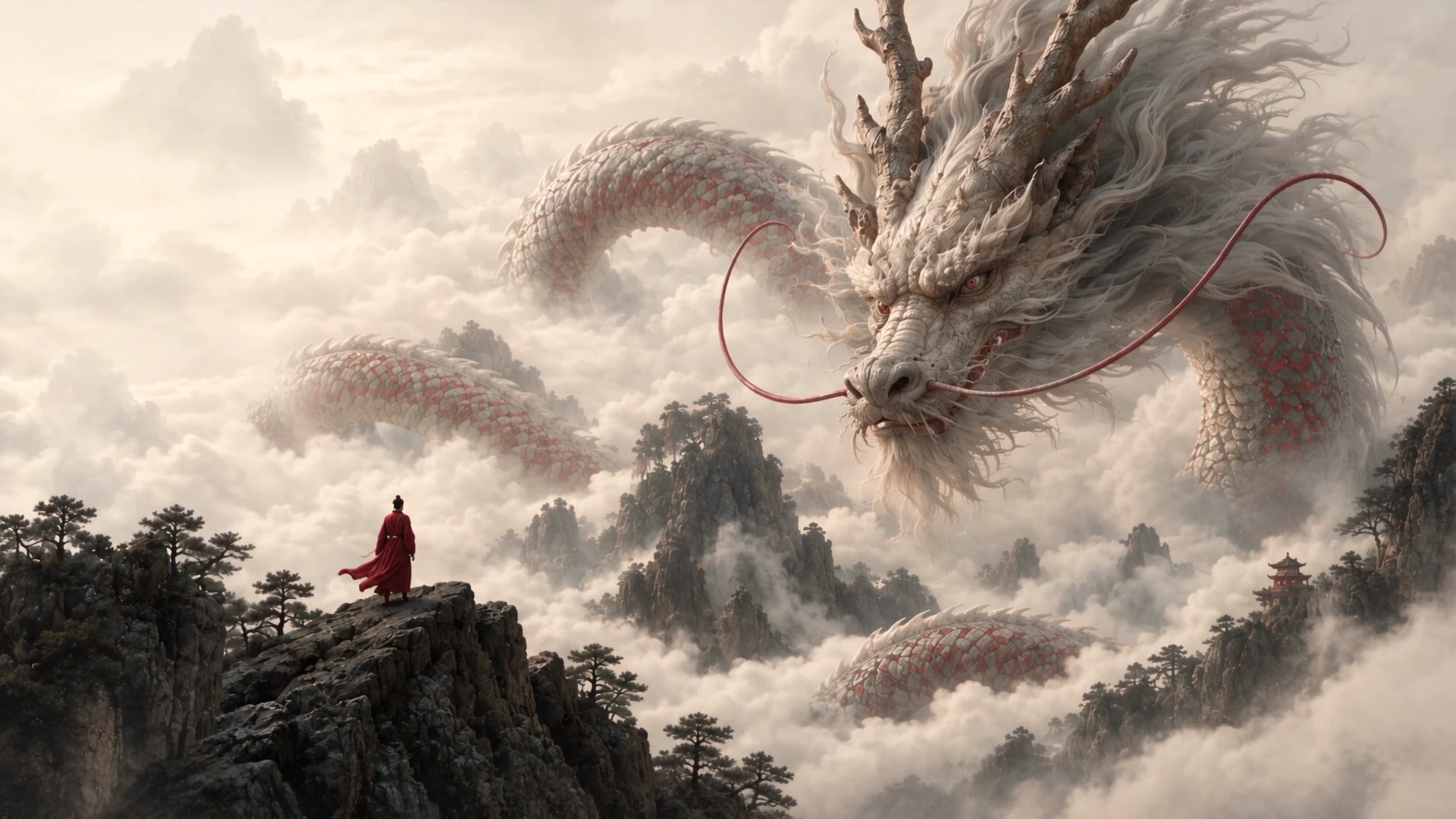 A red-robed figure looks across misty mountains toward a dragon.
